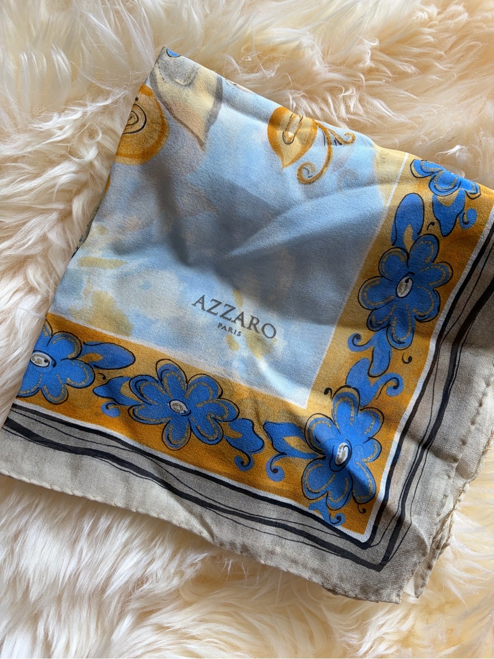 Vintage Azzaro Paris 100% Silk Scarf - Blue & Gold Floral Abstract